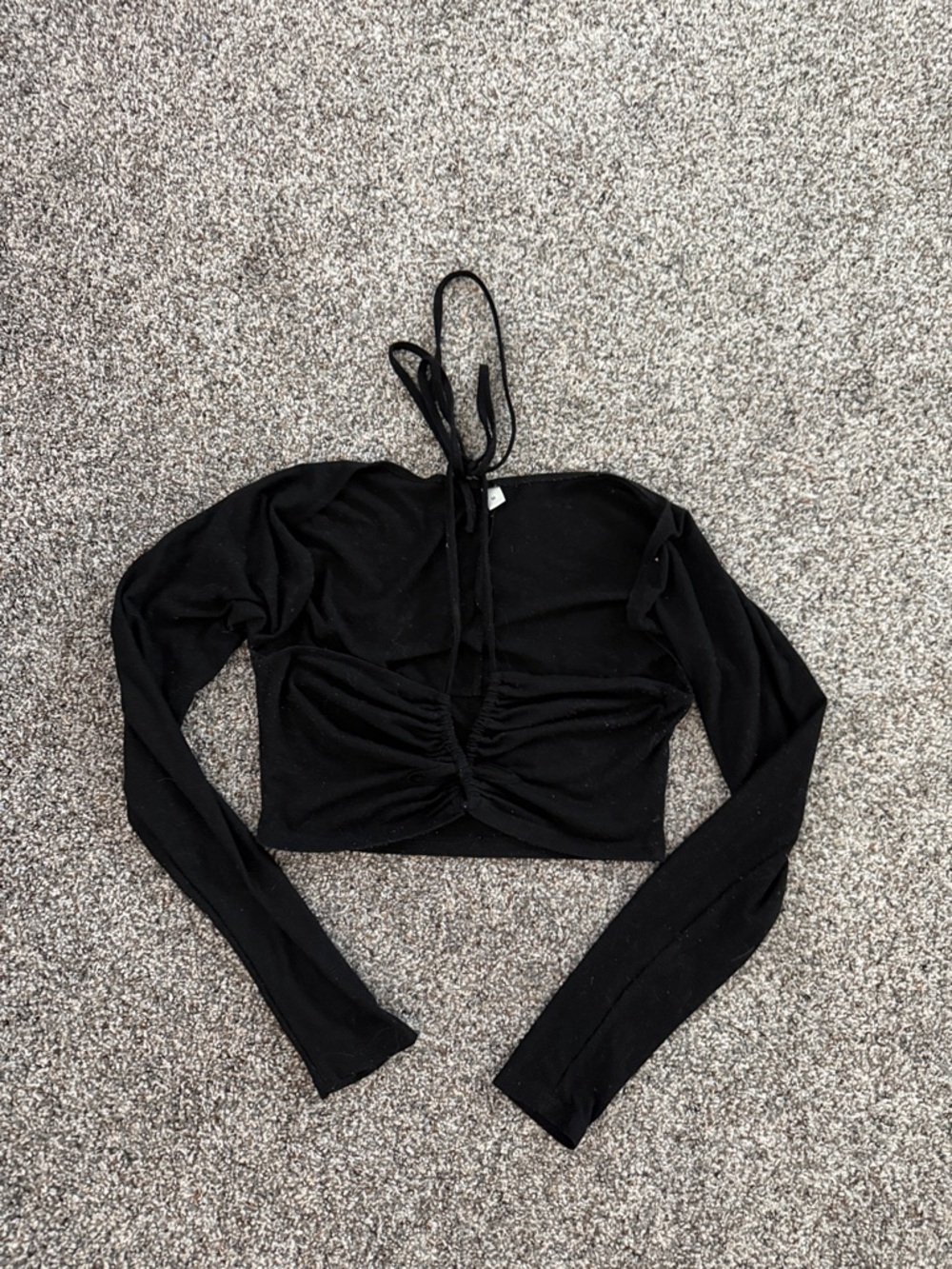 Black Ruched Long-Sleeve Crop Top with Tie Neck
